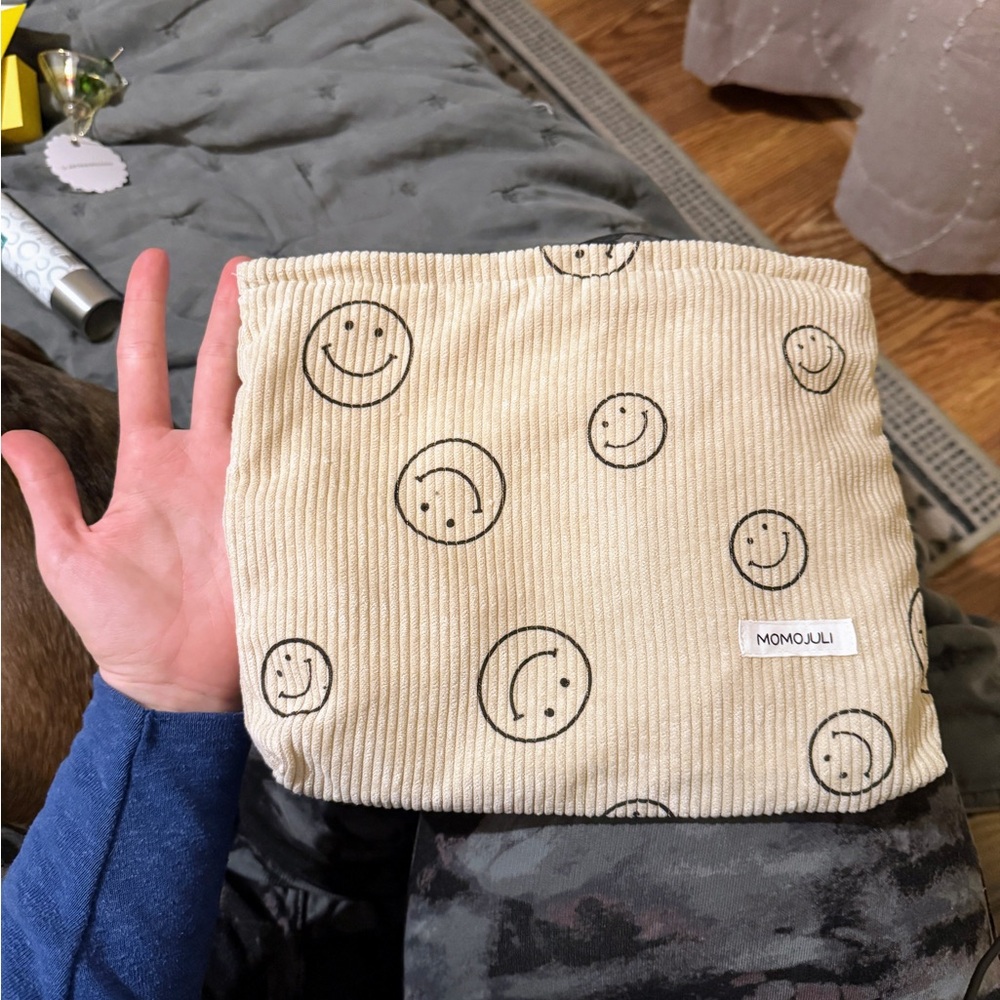 Smiley Face Makeup/Travel Bag Beige Corduroy